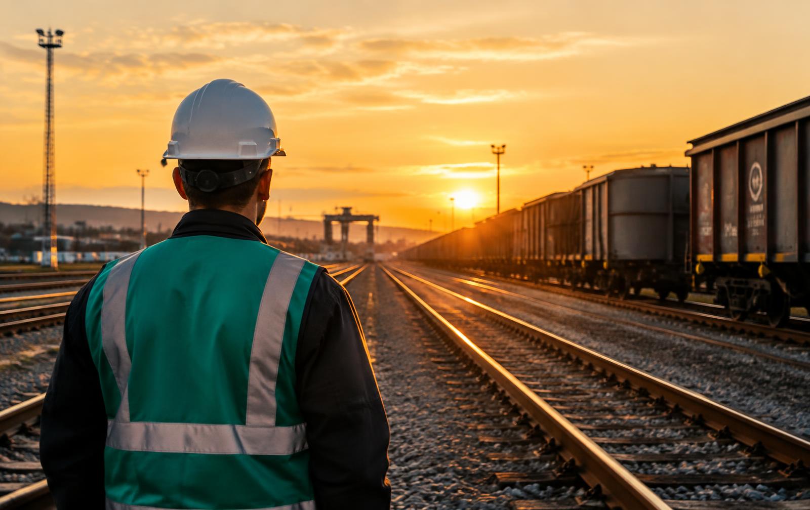 Empregado com capacete observando o pátio ferroviário